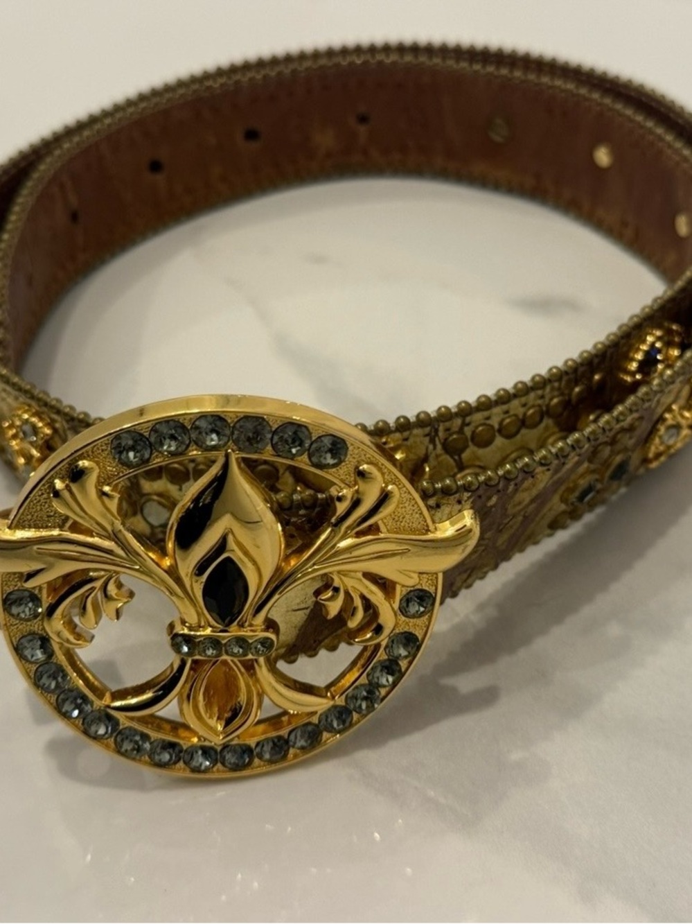 B.B. Simon Size 36 Gold Fleur De Lis Crystal Rhinestone Leather Belt